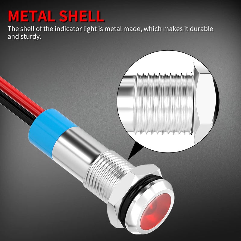 DAIERTEK LED Indicator Light 12V Waterproof Red Signal Light Waterproof 6MM 1/4" Metal 12 Volt Panel LED Indicator Signal Light Panel Mount Flat Head with Wires Silver Shell -3Pcs - Image 3